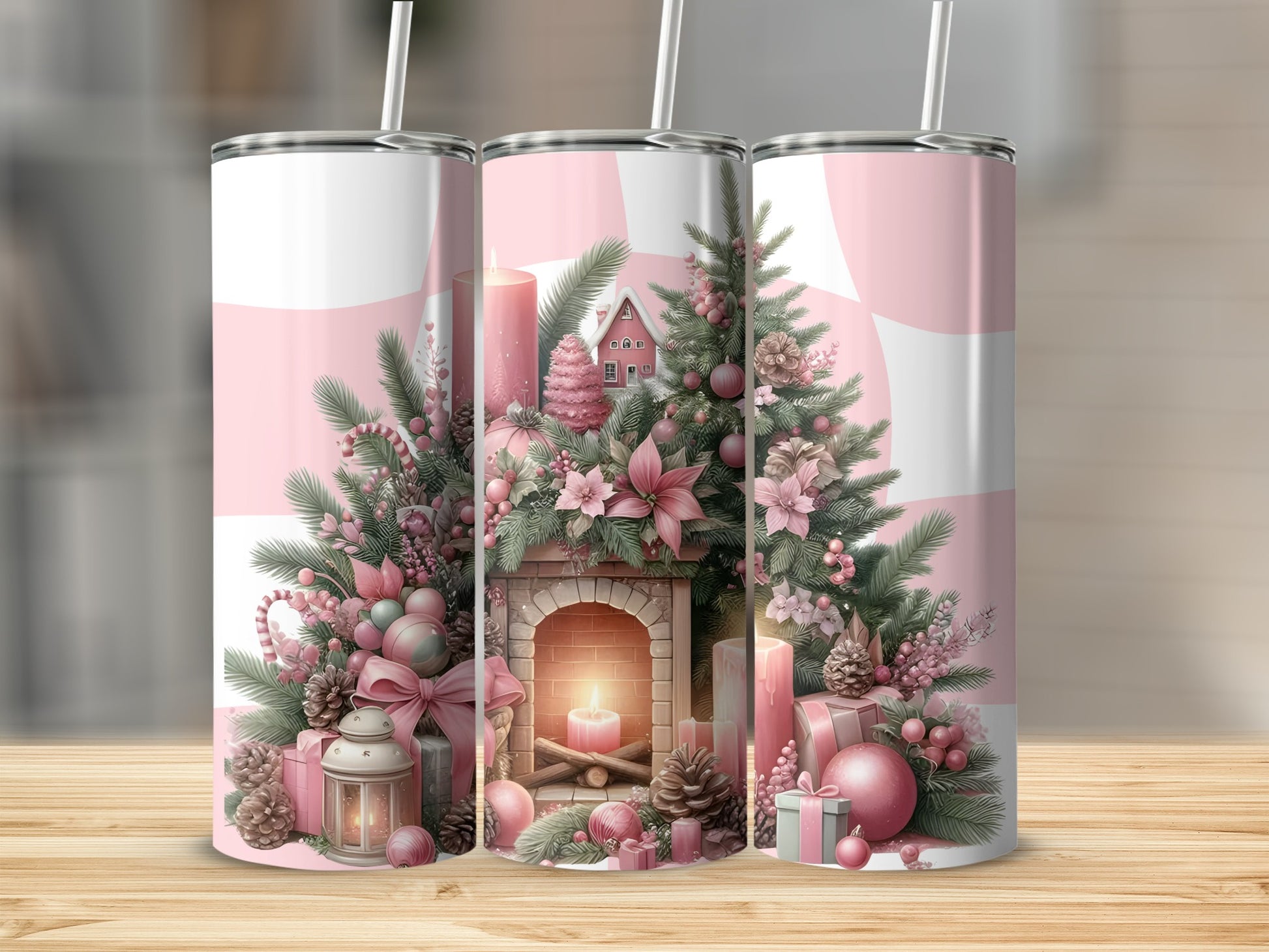 Pink Christmas Decor Tall Tumbler with Festive Fireplace