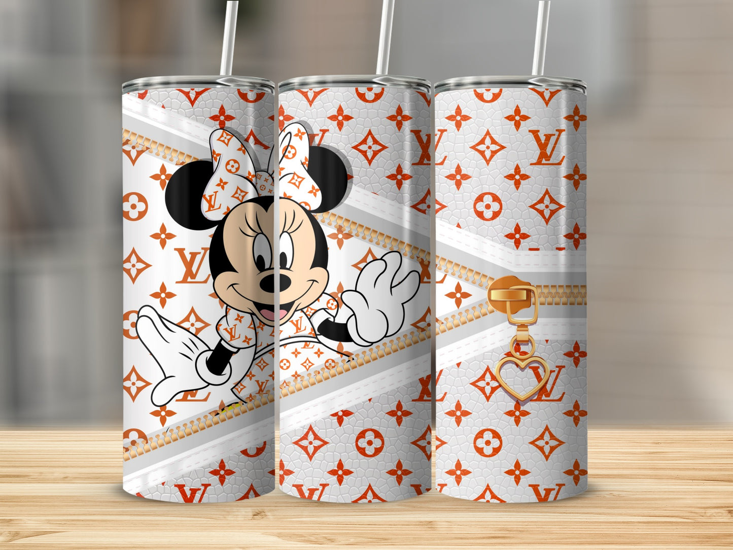 Minnie Mouse in Louis Vuitton pattern tumbler with gold zipper and heart charm.