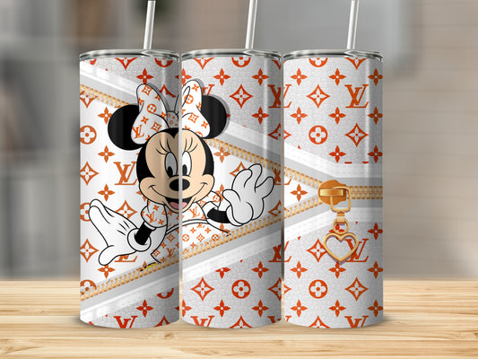 Minnie Mouse in Louis Vuitton pattern tumbler with gold zipper and heart charm.