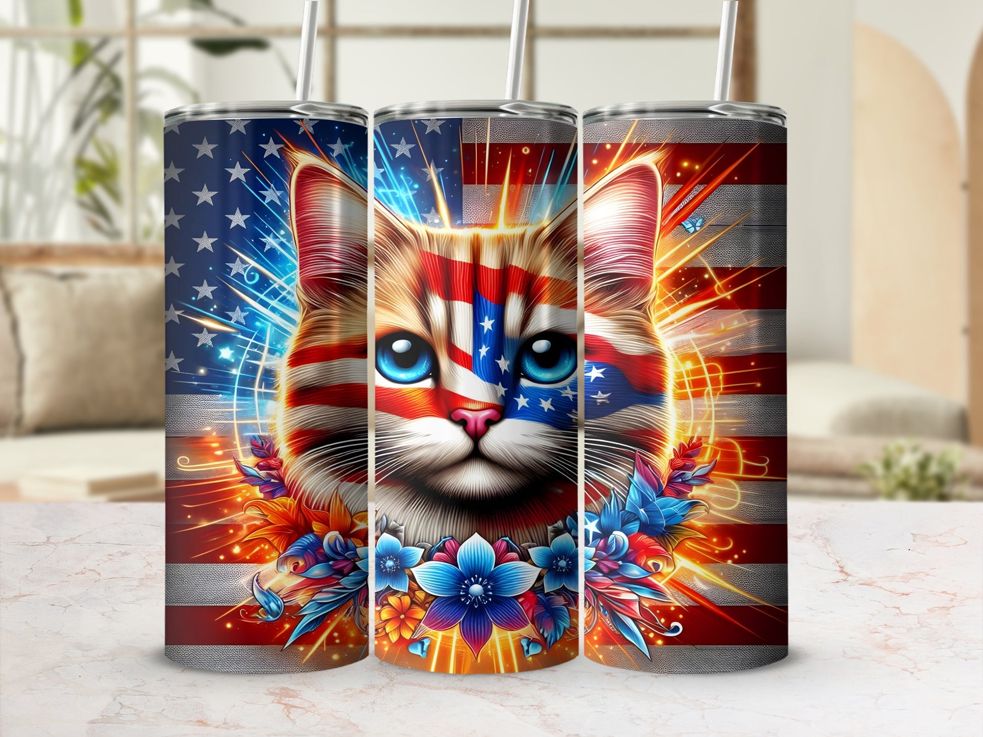 Tumbler with patriotic cat and floral design.
