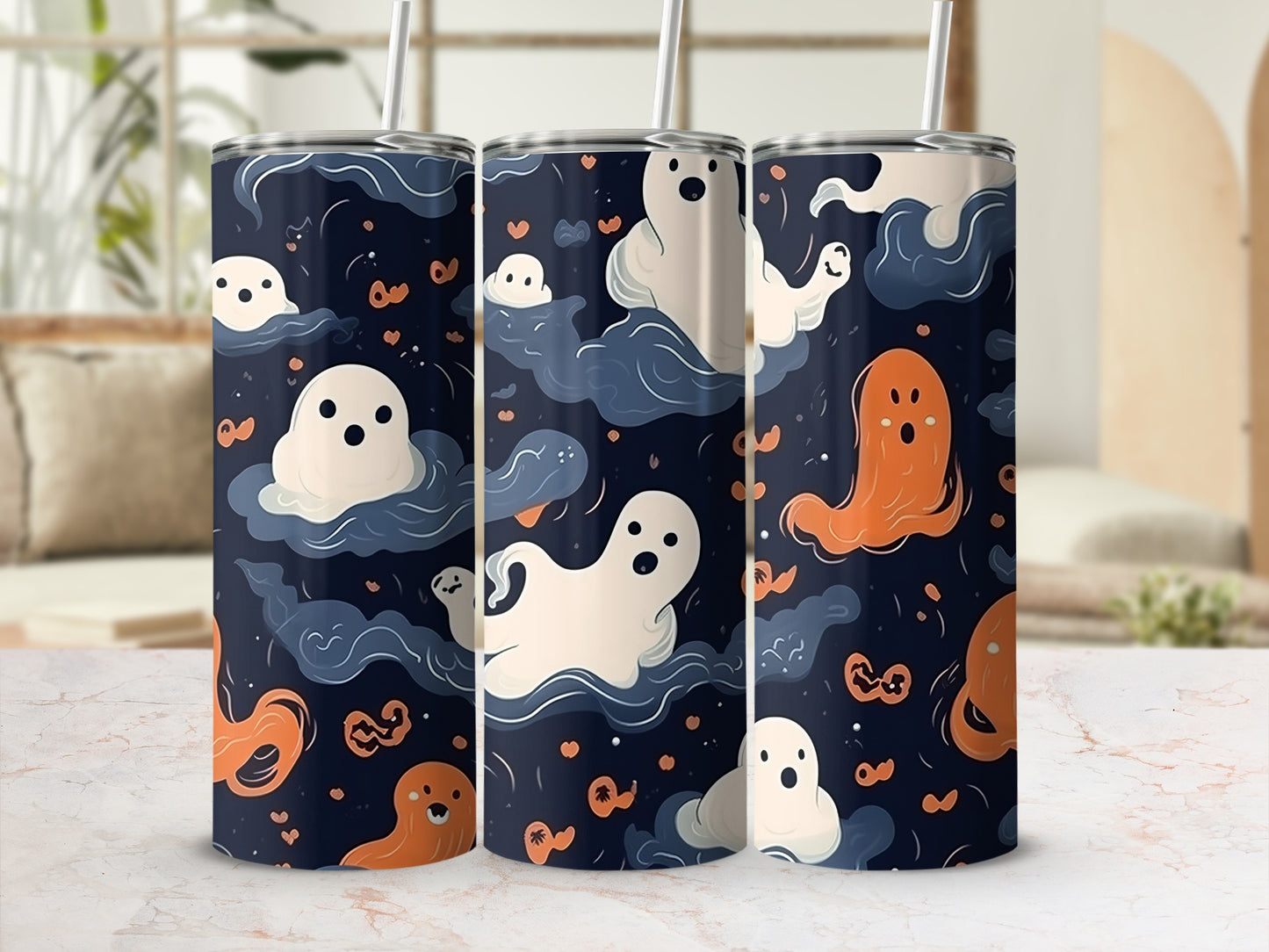 Three tumblers with a dark blue background featuring cartoon ghosts and clouds.