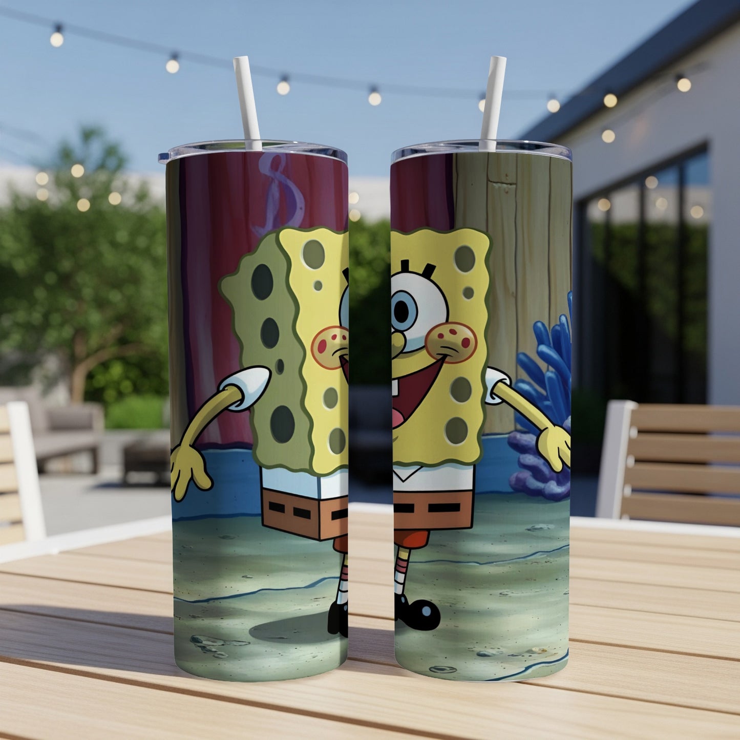 SpongeBob SquarePants character on two tumblers with straws.