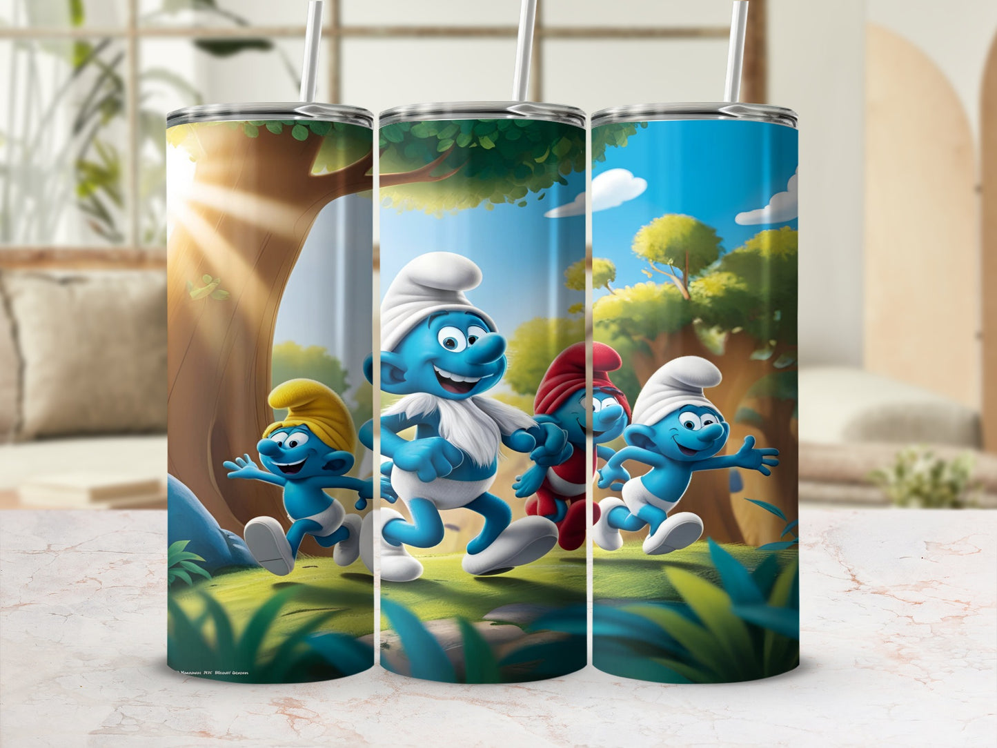 Smurfs running through a forest scene on a reusable tumbler.