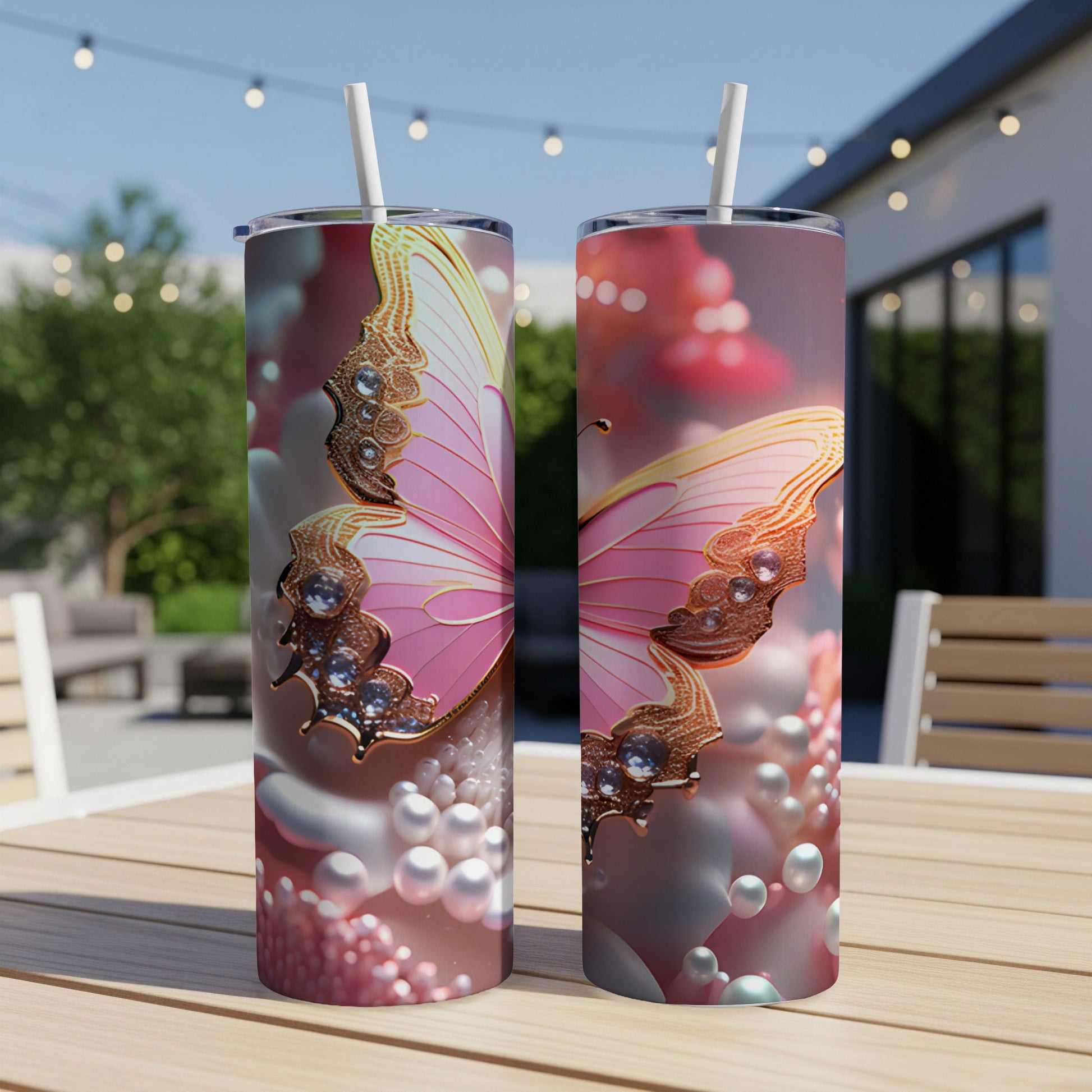 Pink butterfly tumbler with pearl and jewel embellishments.