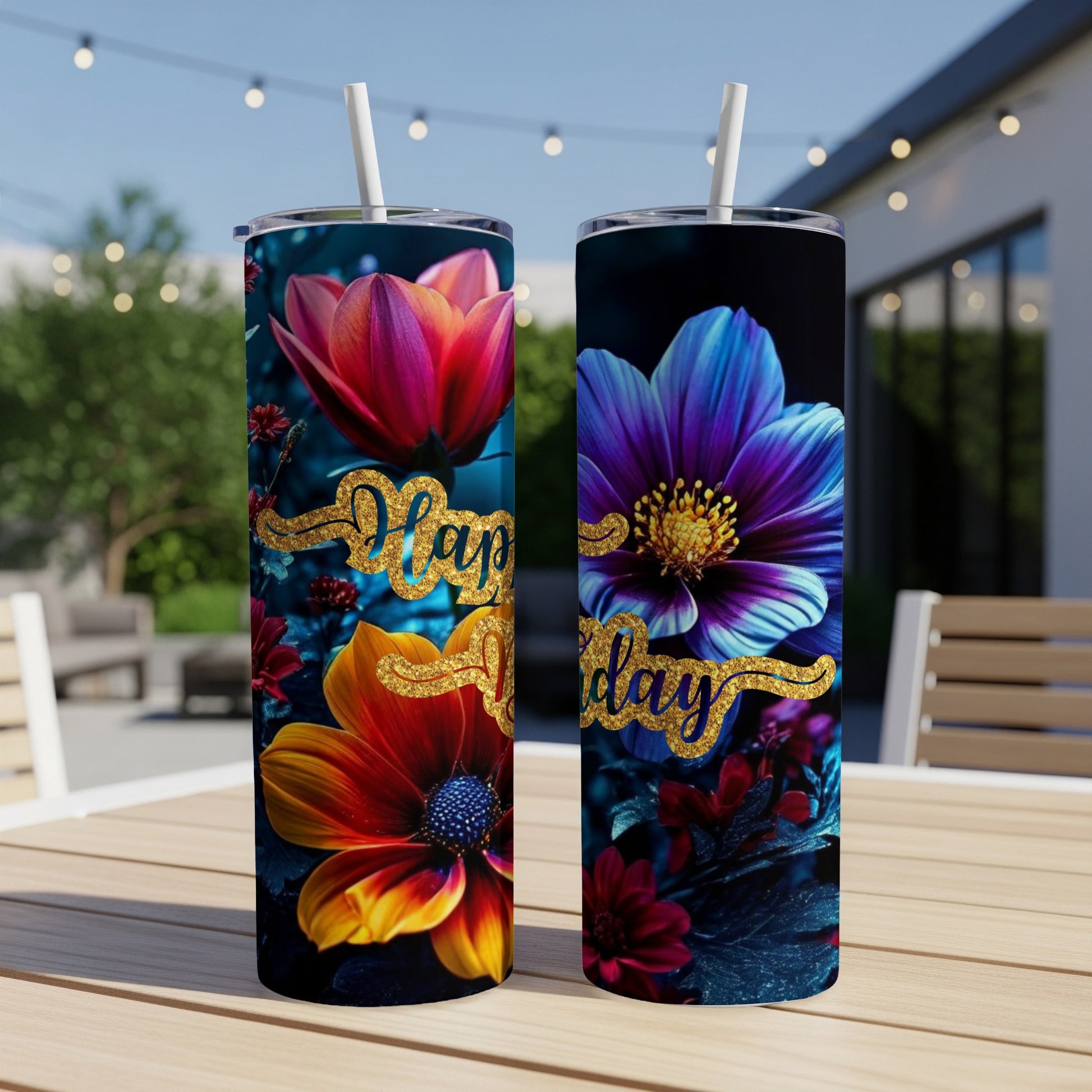 Two tumblers with colorful floral designs and "Happy Birthday" text.