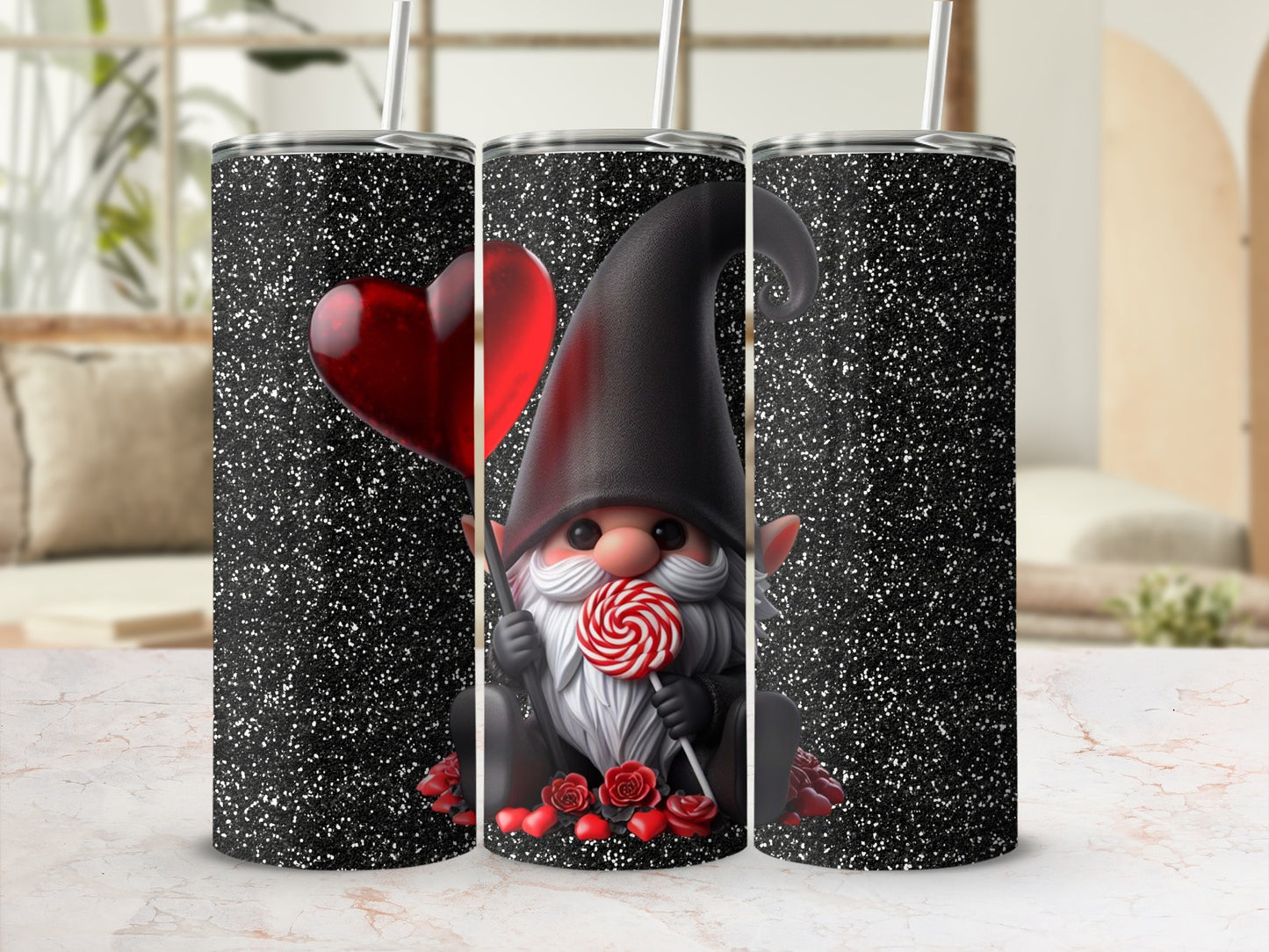 Black Glitter Gnome with Heart and Roses Tumbler