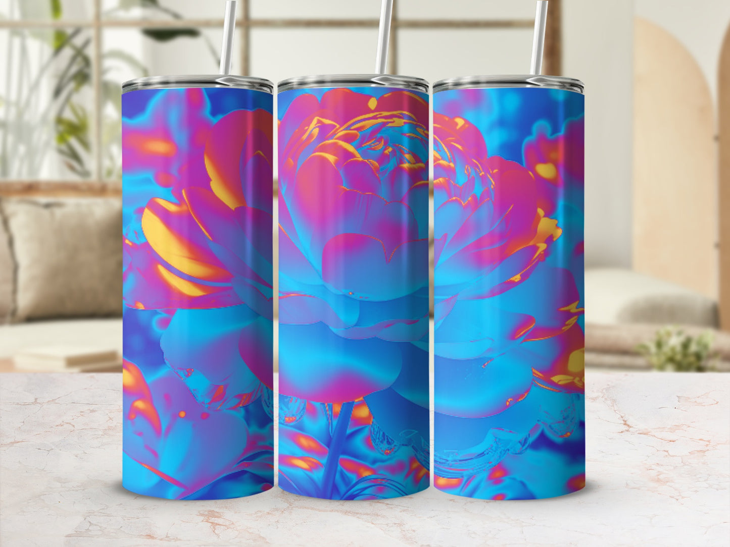 Three tumblers with abstract floral art in vibrant blue, pink, and yellow hues.
