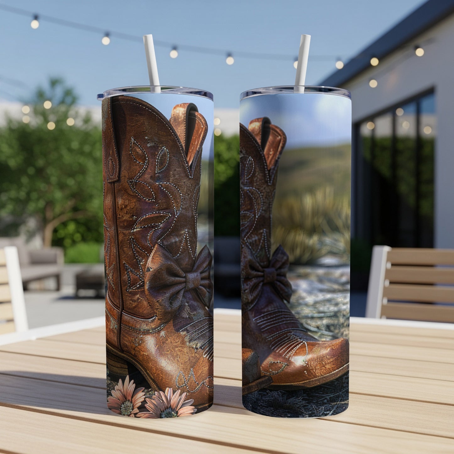Two textured brown cowboy boots with a floral bow, on a wooden surface.