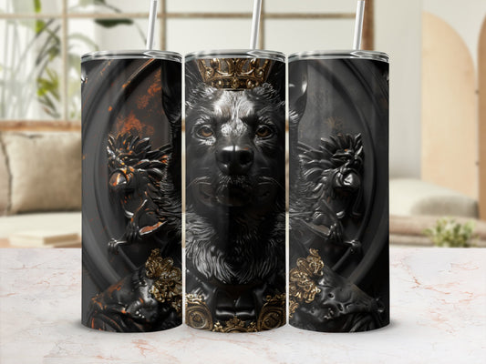 Wolf with crown and ornate details on a black textured background.