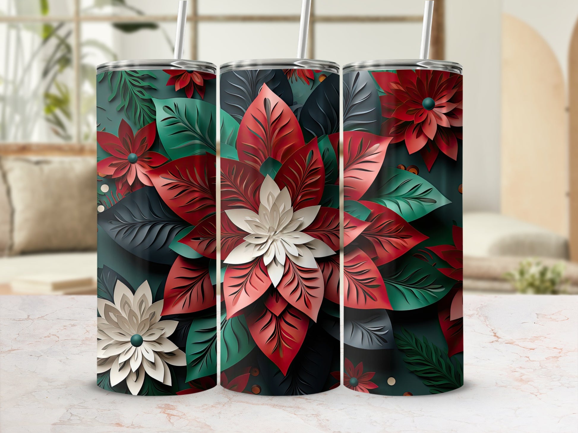 Three tumblers featuring a layered red and green poinsettia design.