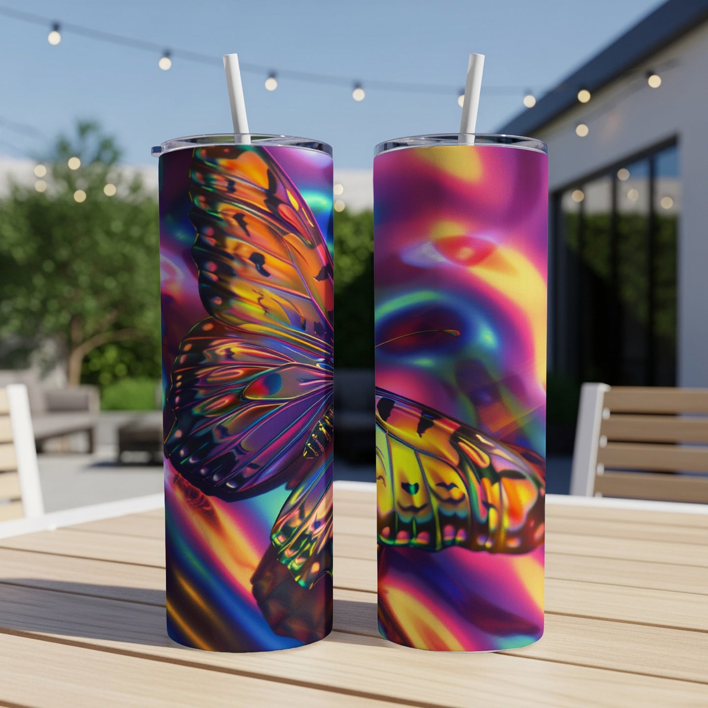 Two tumblers with iridescent butterfly wing designs sit on a table.