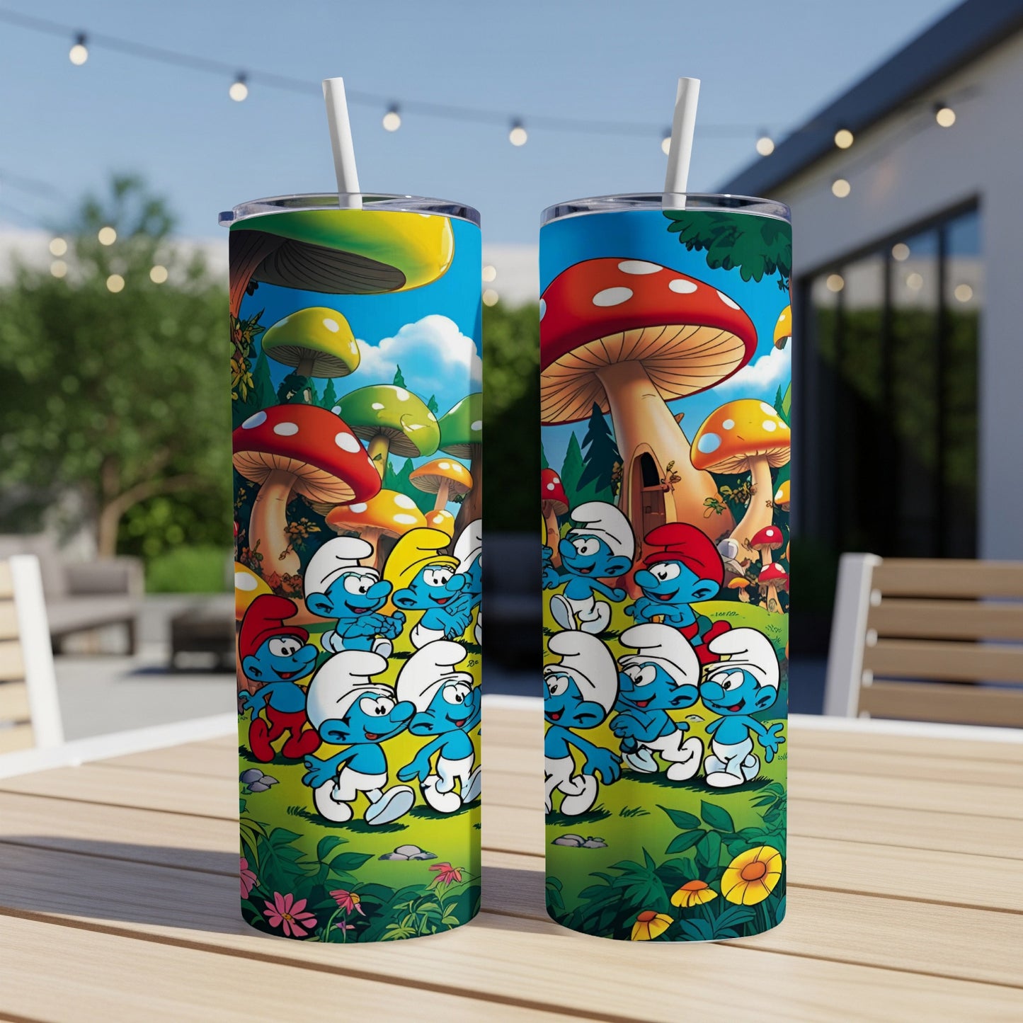 Smurfs in a cartoon village with mushroom houses on a blue tumbler.