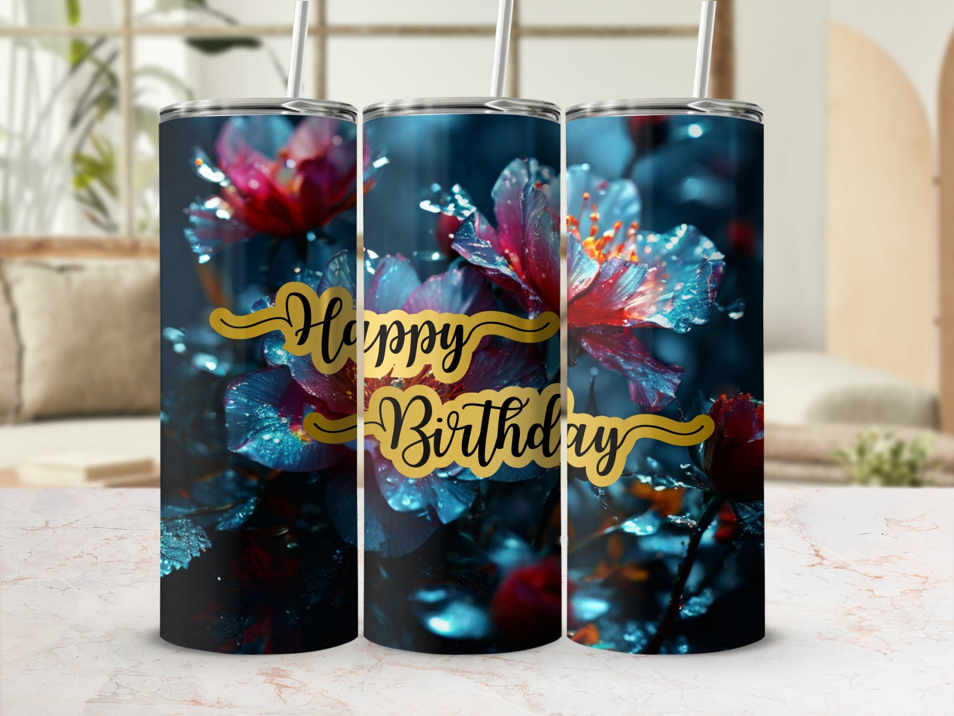 Happy Birthday tumbler with floral design and water droplets.