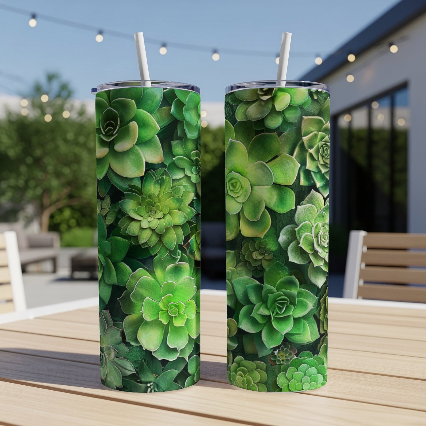 Two tumblers covered in a green succulent plant pattern.