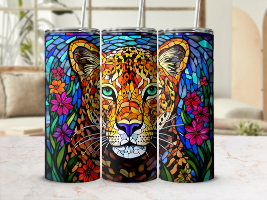 Triptych of stained-glass style tumblers featuring a jaguar head with colorful flowers.