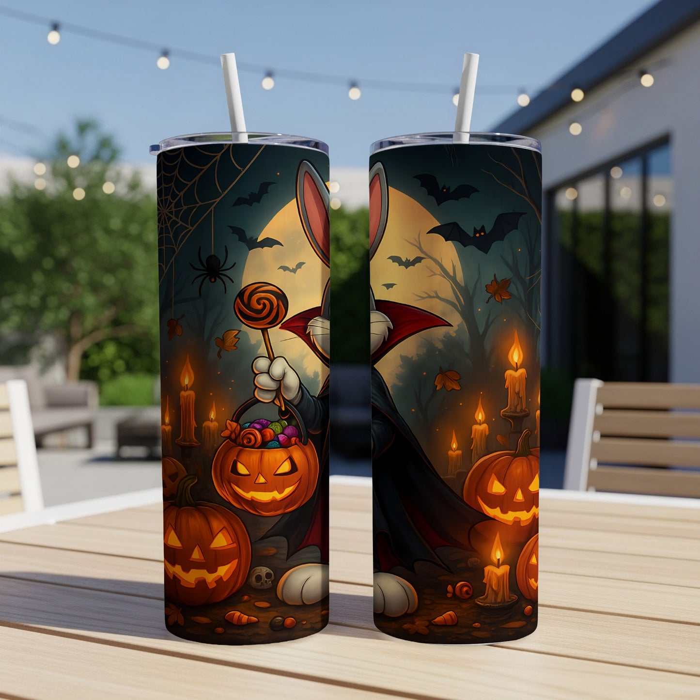 Halloween bunny tumbler with vampire cape, jack-o'-lanterns, and candy.