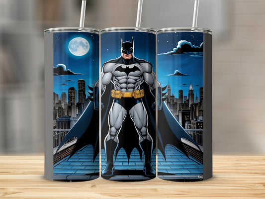 Batman standing on a rooftop in a cityscape at night.