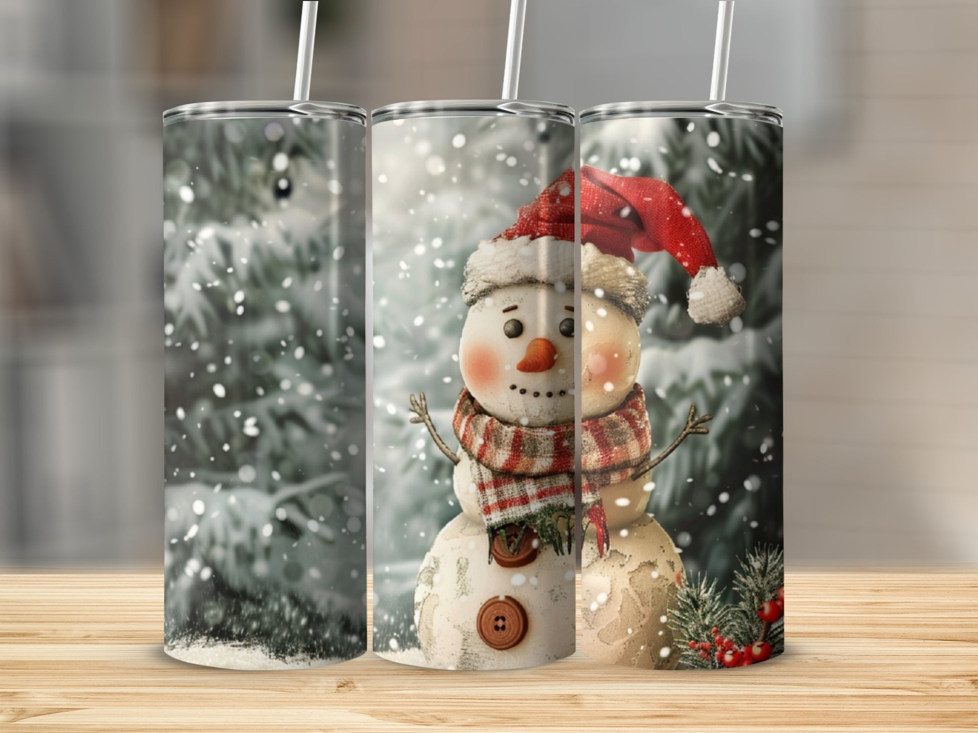 Three festive snowmen in a snowy winter scene, wearing Santa hats and scarves.