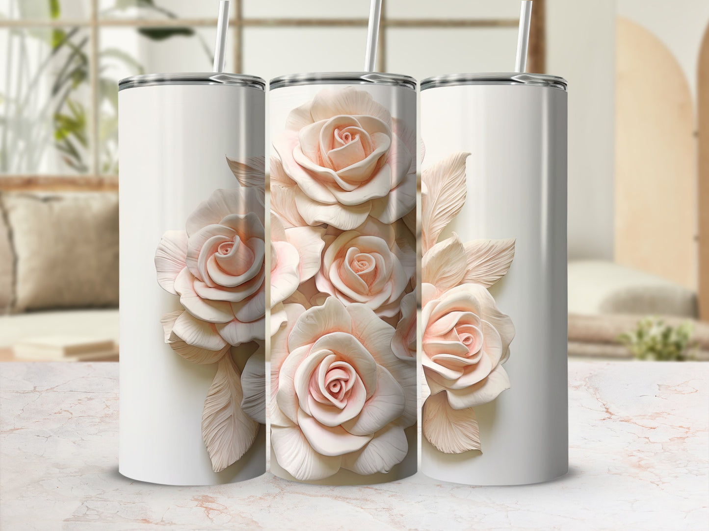Three white tumblers decorated with pale pink rose and leaf designs.