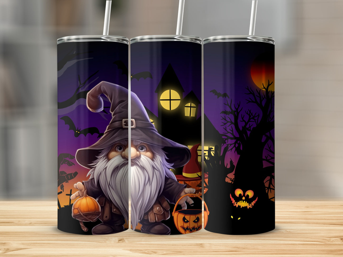 Halloween Gnome and Haunted House Tumbler Cup