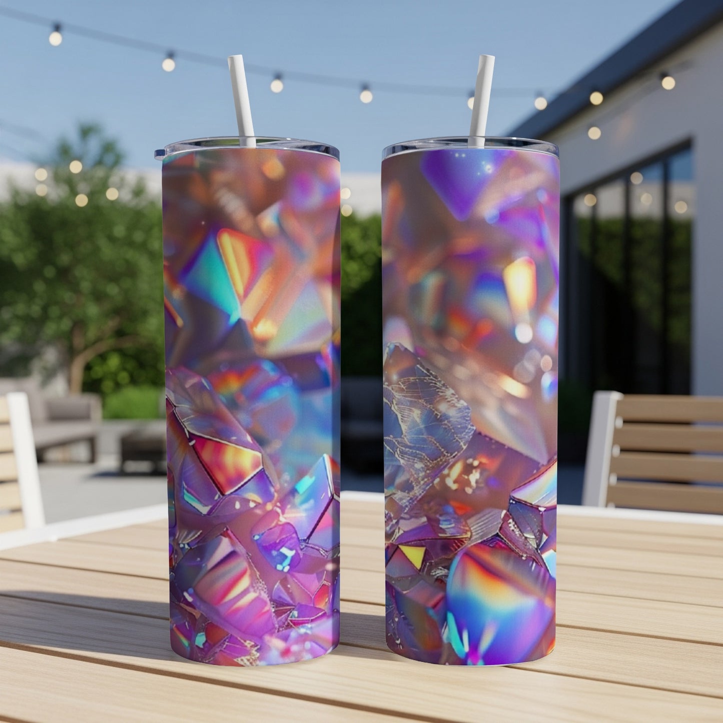 Two iridescent tumblers with geometric crystal patterns and straws.