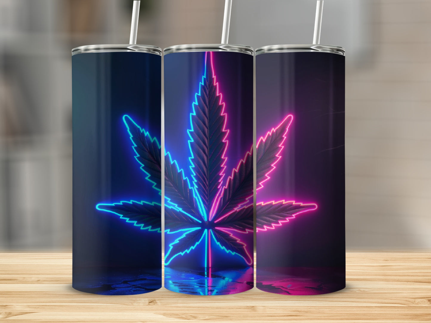 Three tumblers featuring a neon cannabis leaf design with blue and pink lighting.