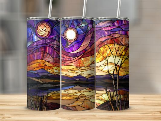Three tumblers with stained glass-style sunset and moon designs.