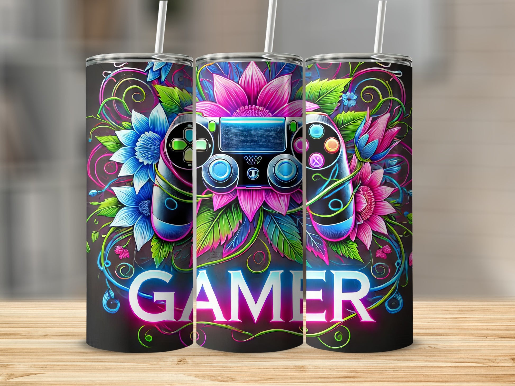 Gamer text with neon controller and floral accents on a tumbler.