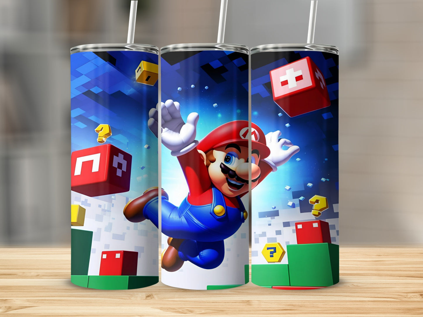 Mario jumping with red and yellow question blocks and cubes against a blue background.
