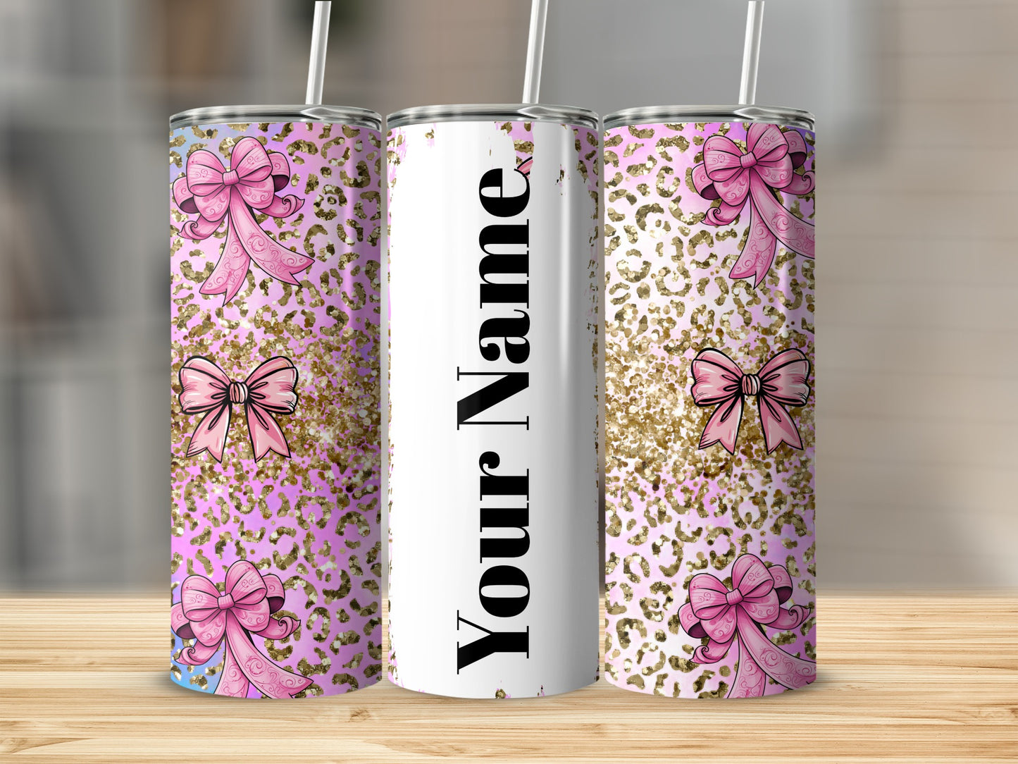 Personalized Pink Bow Design Glitter Leopard Print Tumbler