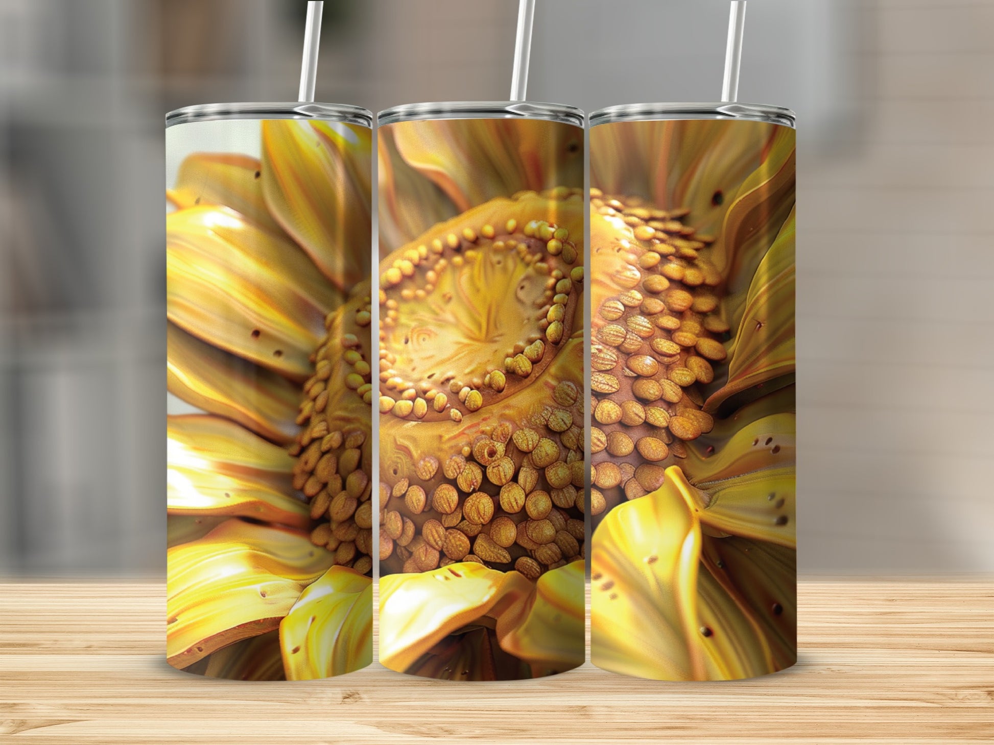 Close-up of a realistic sunflower pattern on three tumblers.