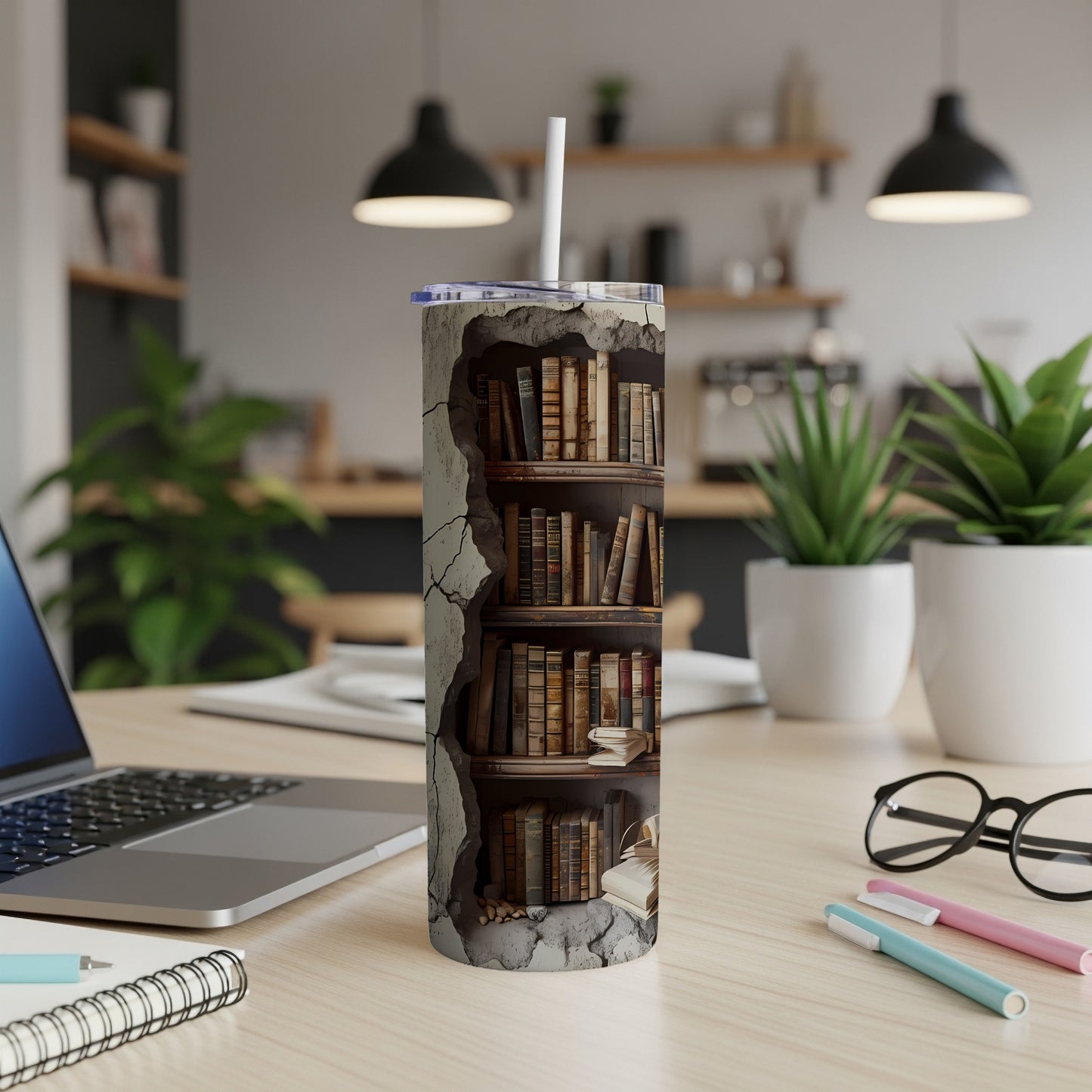 Tall skinny tumbler with a cracked concrete texture revealing a bookshelf inside.