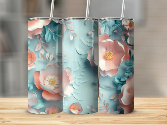 Three tumblers with a pastel floral pattern and mint green background.