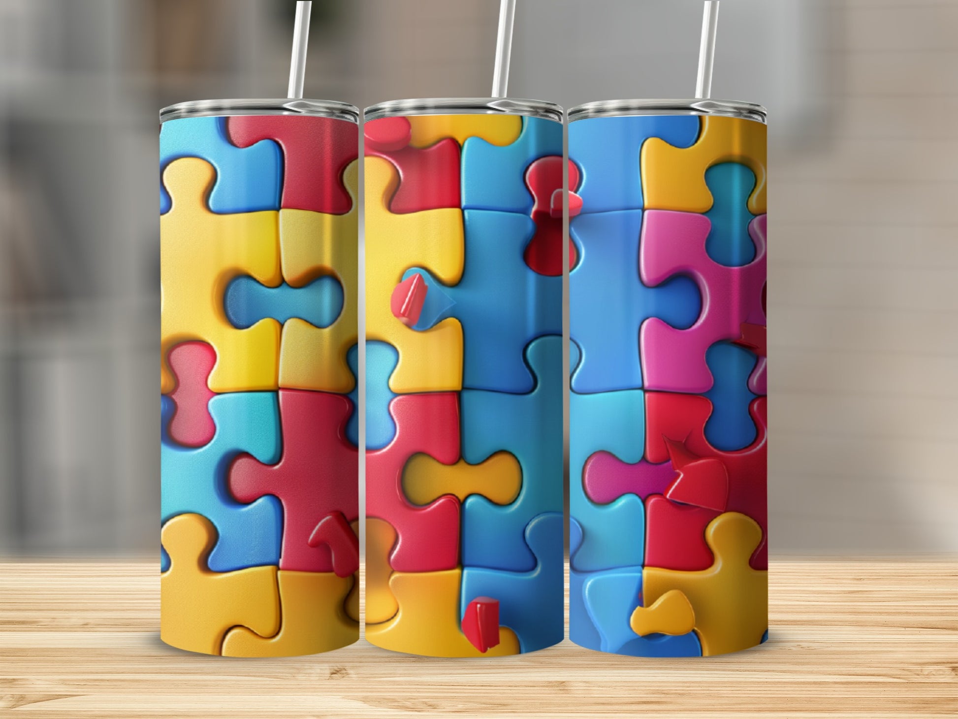 Three tumblers with a colorful autism puzzle piece design.