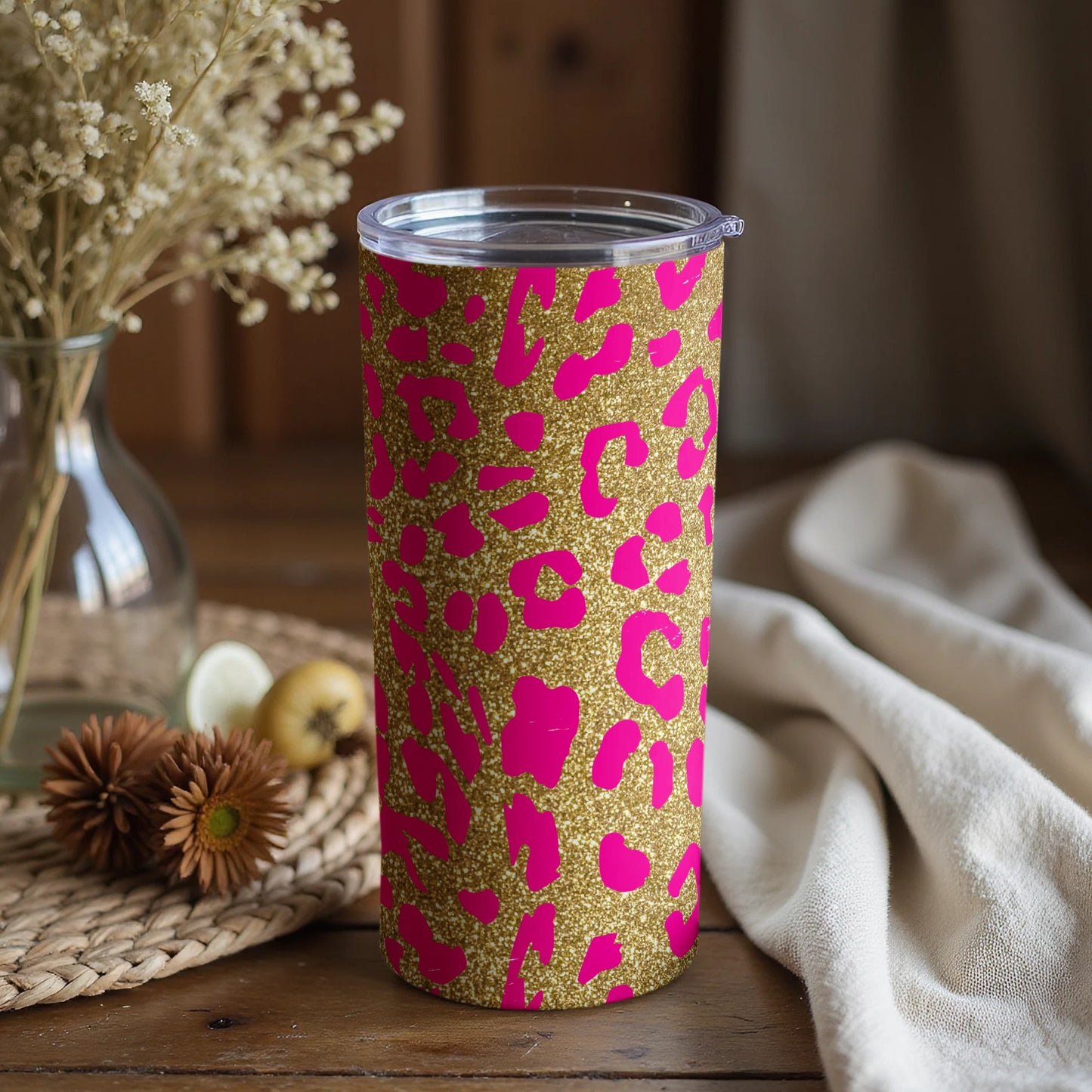 Glitter Gold and Pink Leopard Print Tumbler