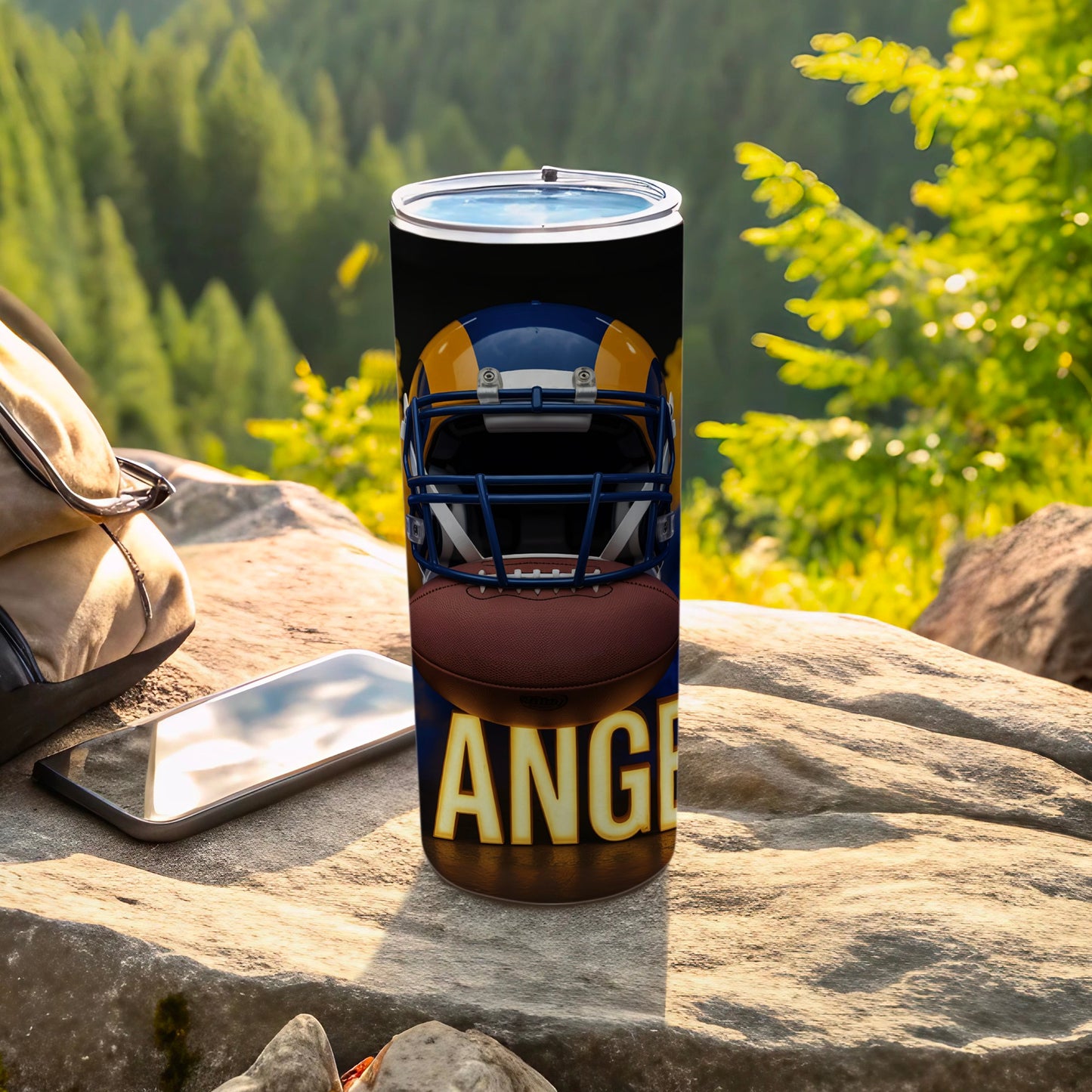 Los Angeles Rams helmet and football on a tumbler.