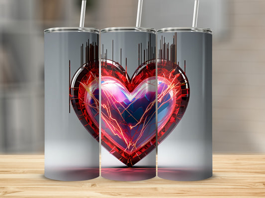 Three tumblers display a glowing, translucent heart with red lightning inside.