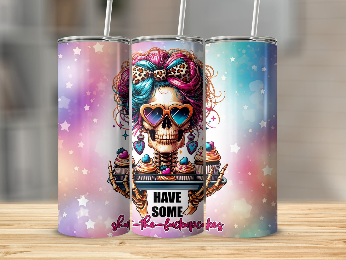 Skeleton wearing heart sunglasses holding cupcakes, "Have Some" text.
