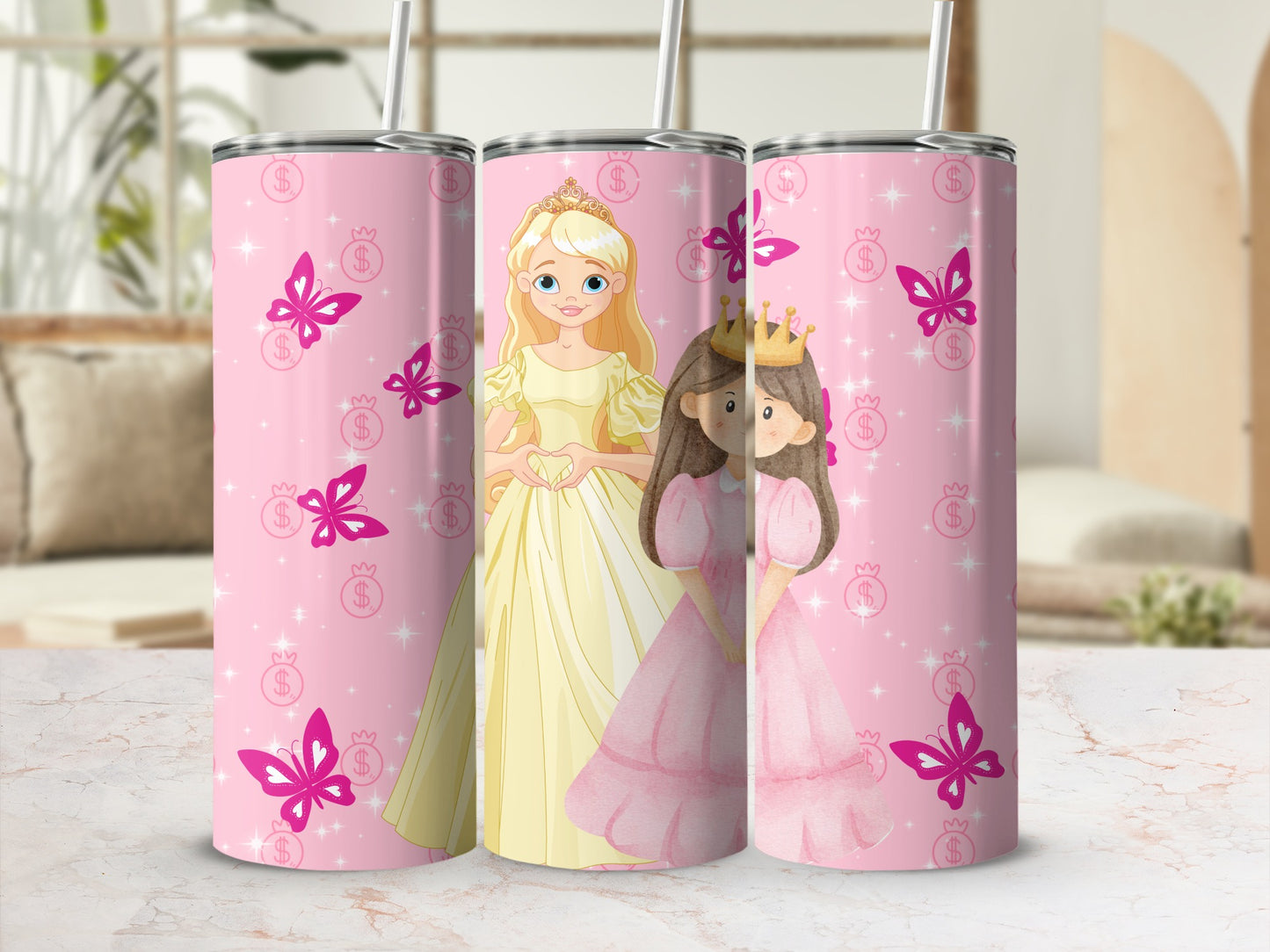 Pink Princess and Crown Design Stainless Steel Tumbler