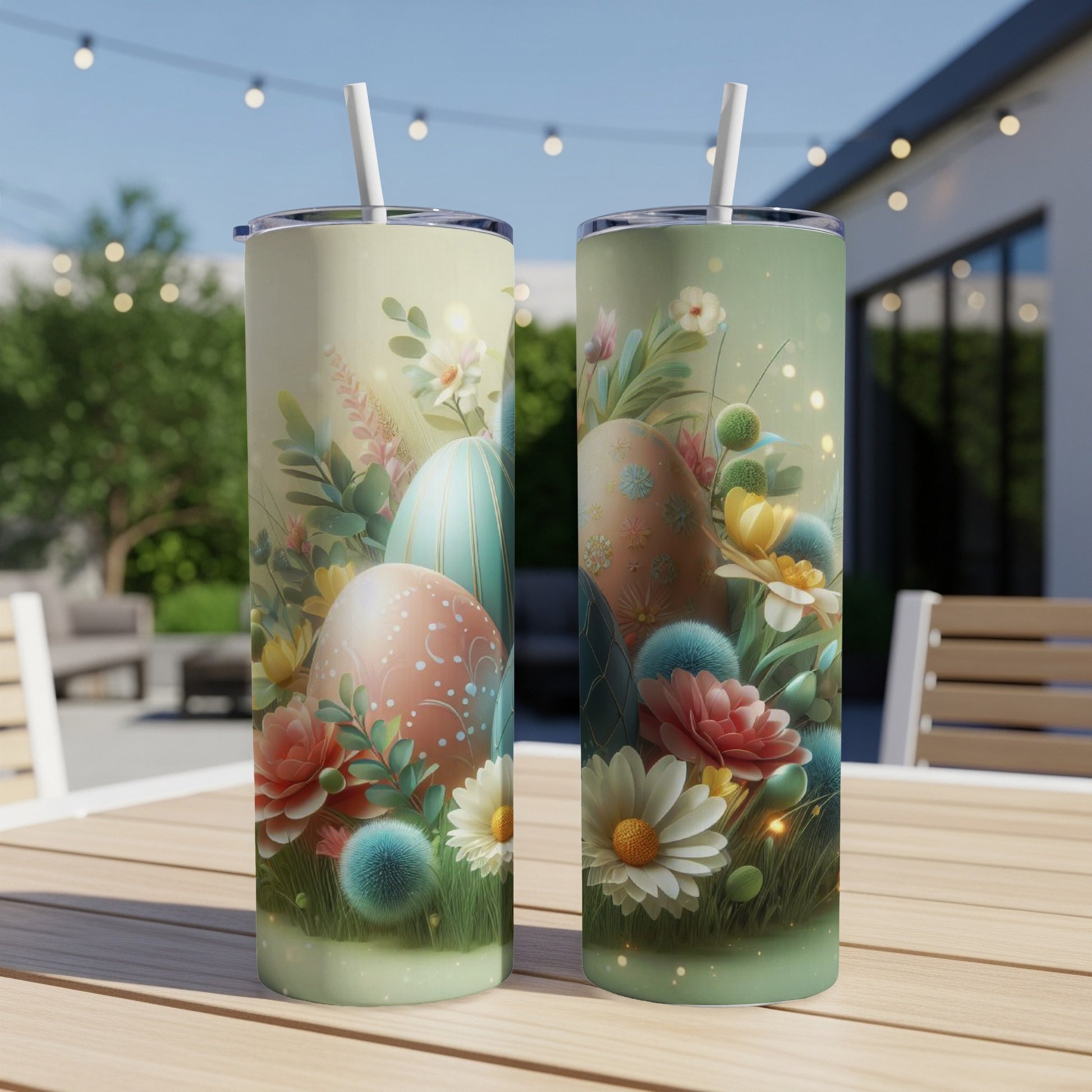 Easter themed tumblers with floral and egg designs.