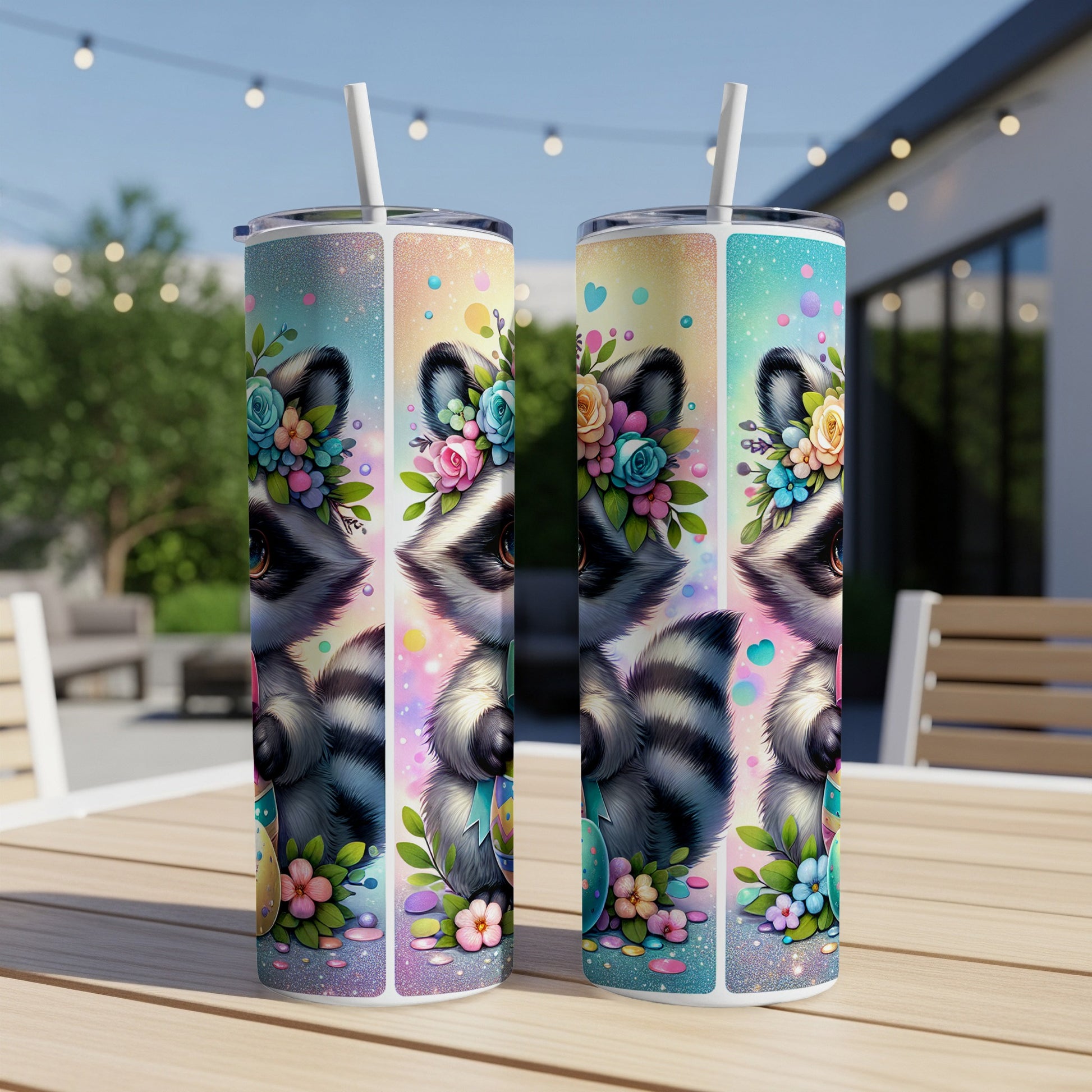 Two tumblers featuring a cute raccoon with flowers and Easter eggs.