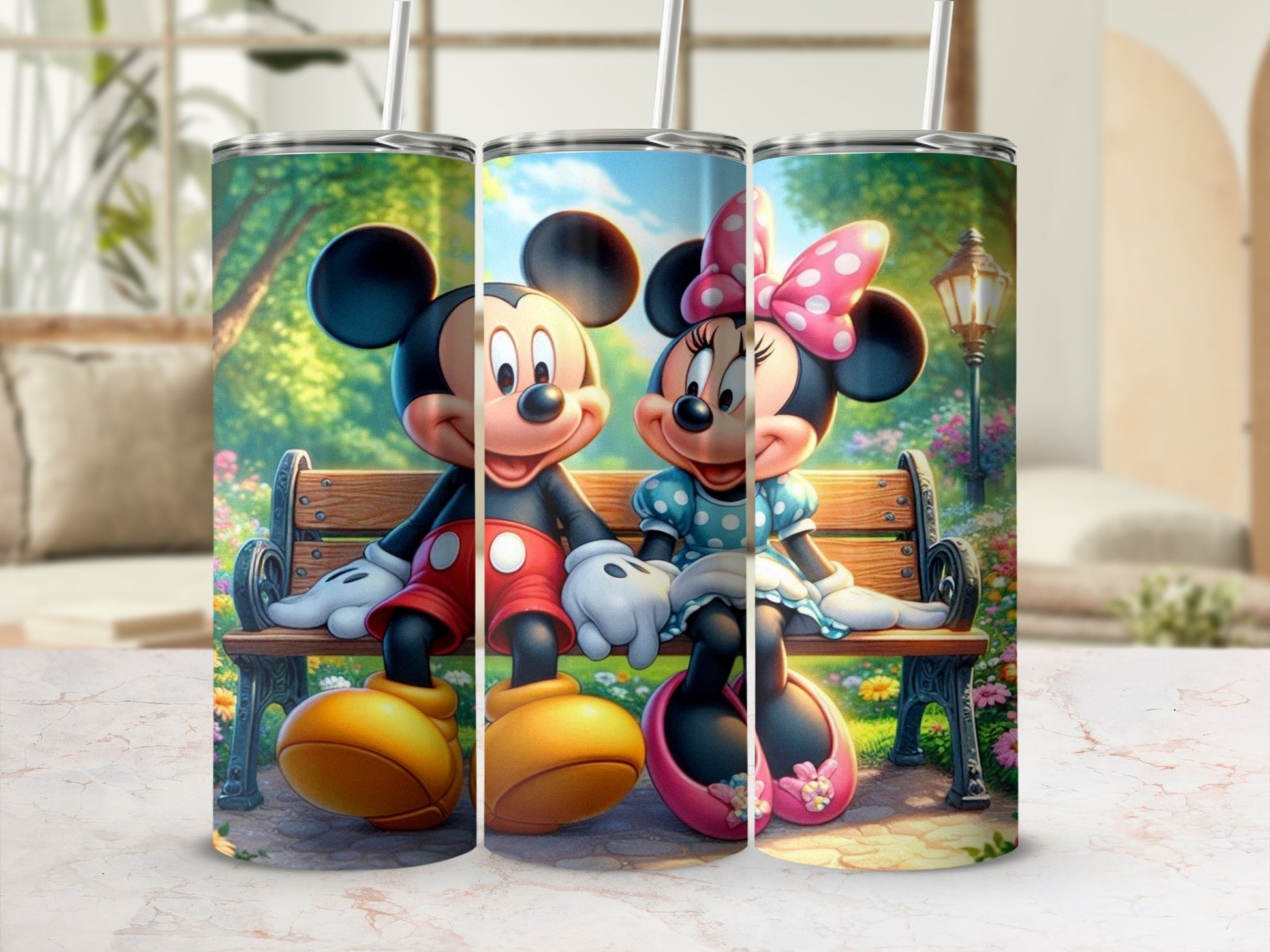 Cute Minnie and Mickey Mouse Sitting on Park Bench tumbler