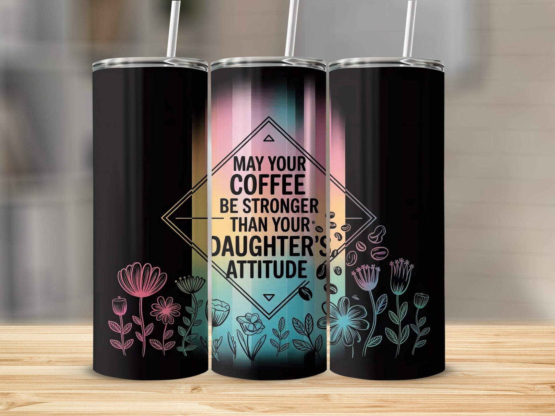 Black tumbler with colorful floral design and motivational quote.