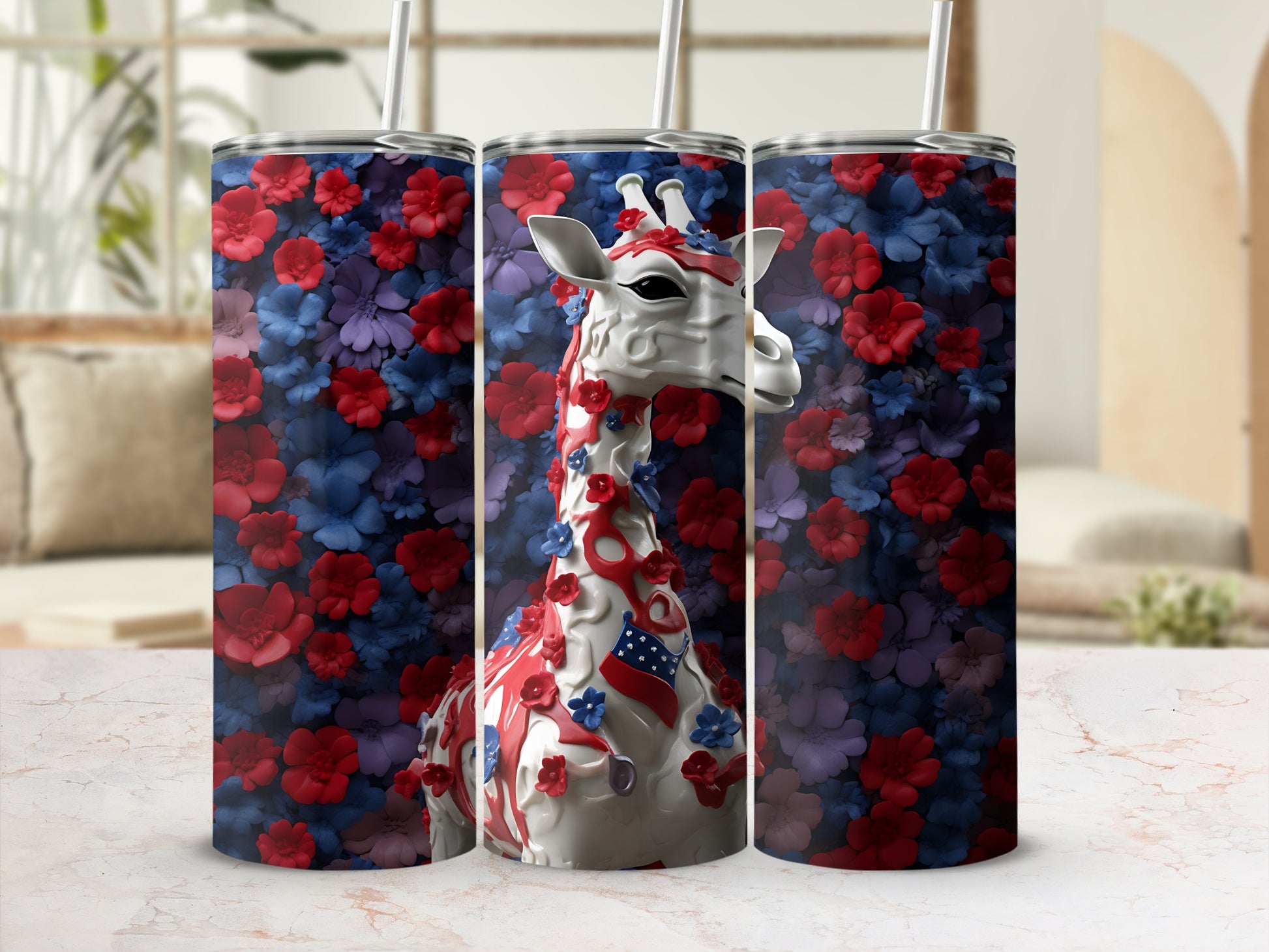Giraffe tumbler with red, white, and blue floral pattern and American flag accents.