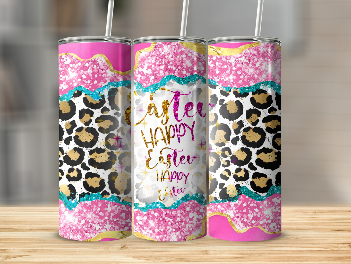 Three pink tumblers with leopard print and glitter, reading "Happy Easter".