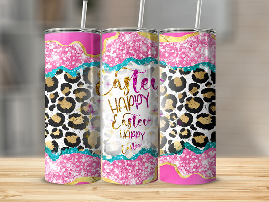 Three pink tumblers with leopard print and glitter, reading "Happy Easter".