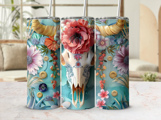 Skull tumbler with floral and celestial designs.