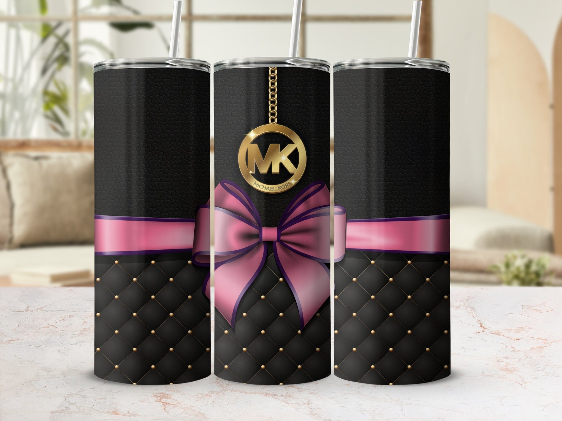 Pink Bow and Quilted Pattern Design Tumbler