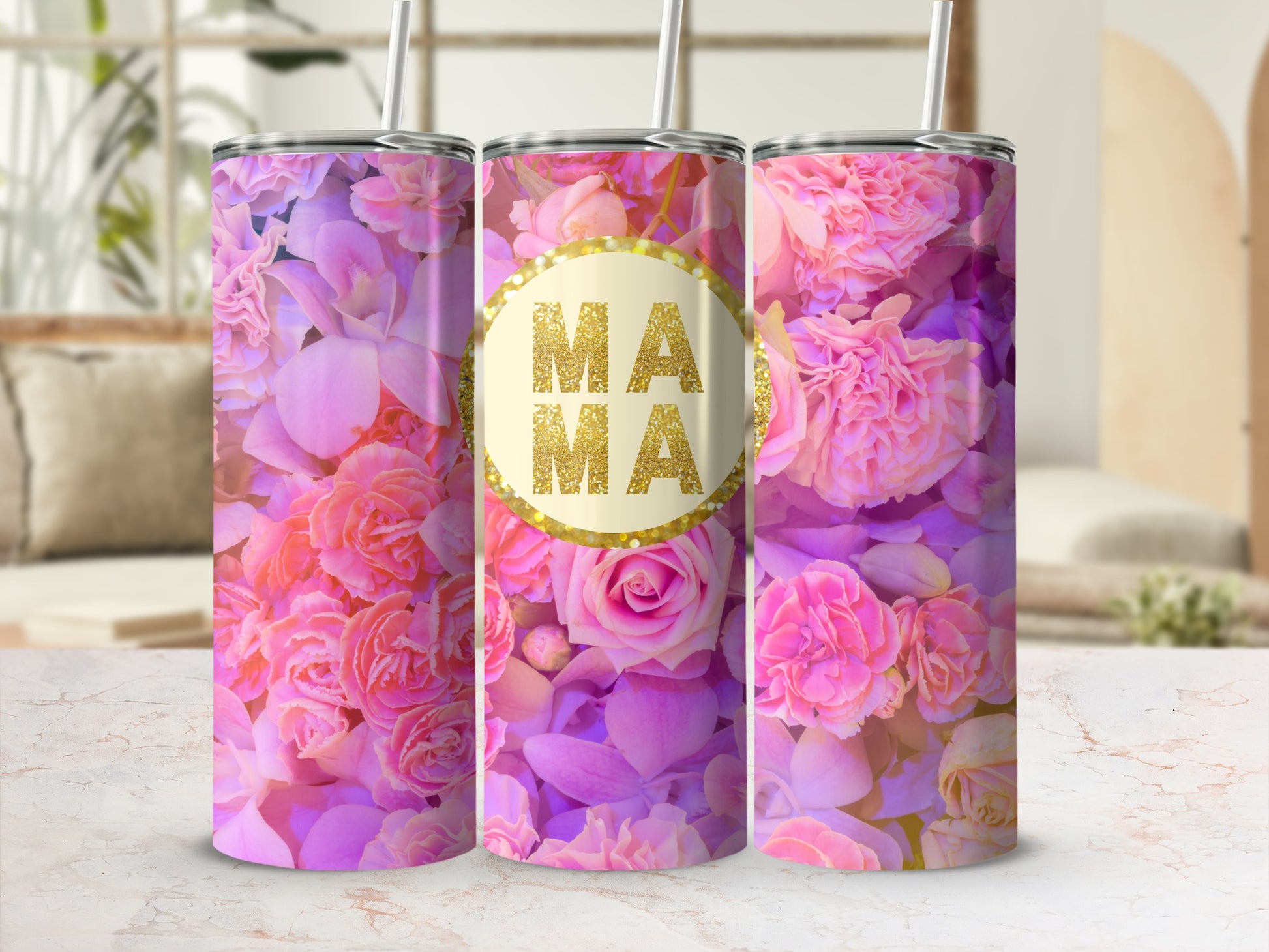 Pink floral mug tumblers with MAMA text in gold