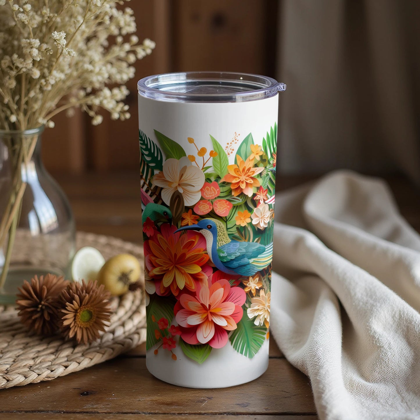 Colorful Floral Hummingbird Design Travel Tumbler Cup